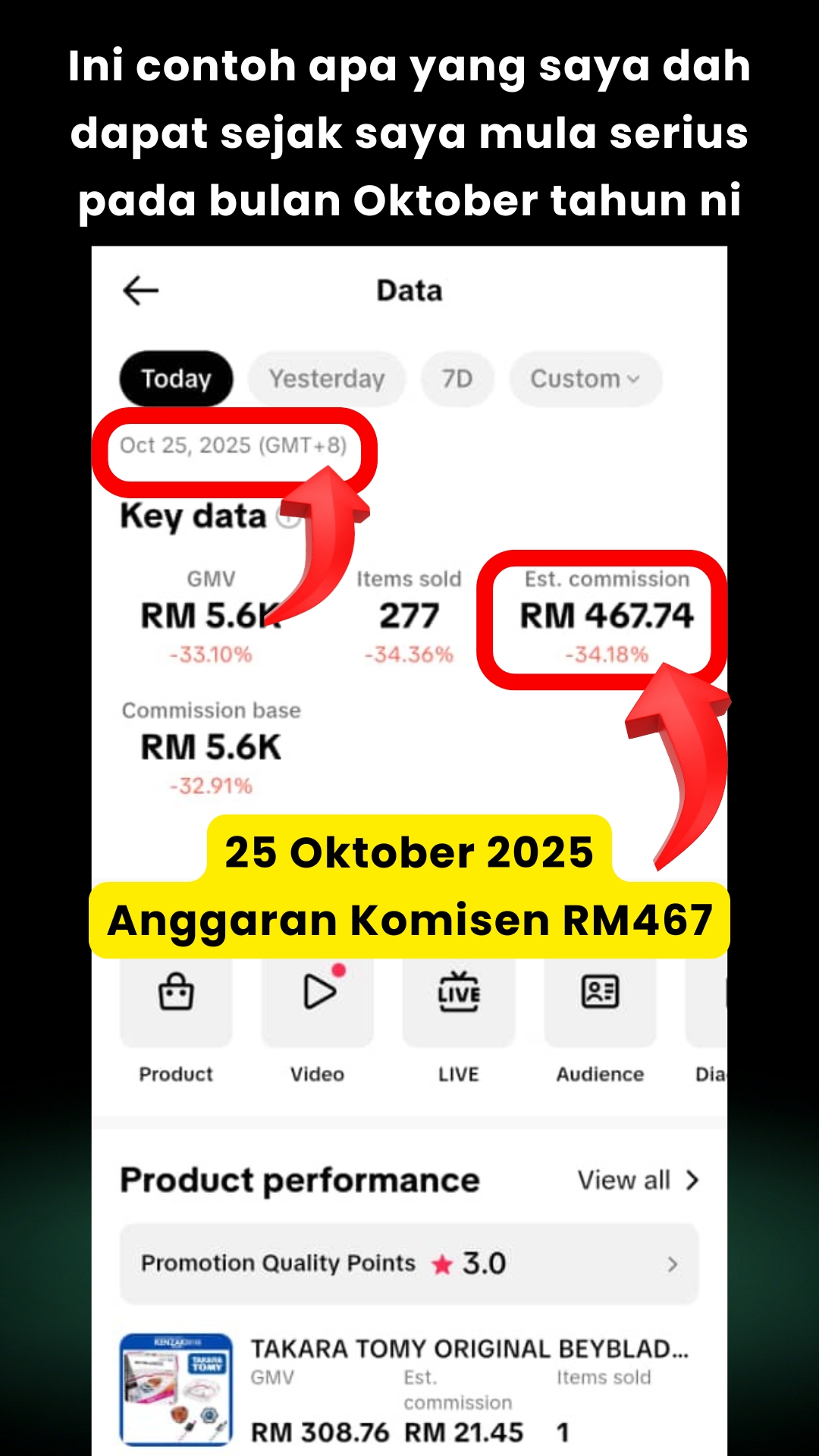 Screenshot komisen TikTok Affiliate menunjukkan pendapatan harian RM30-RM50